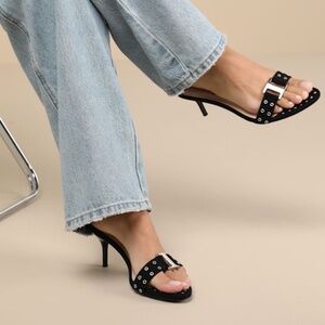 Lulus Caloway Black Suede Studded Buckle High Heel Slide Sandals - Size 8.5
